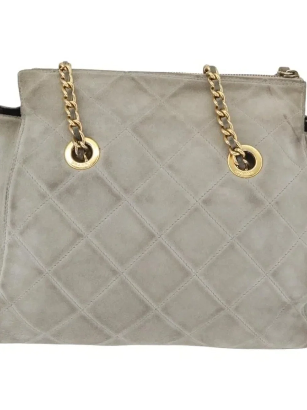 PRADA Chain Shoulder Bag Suede Gray Gold Auth